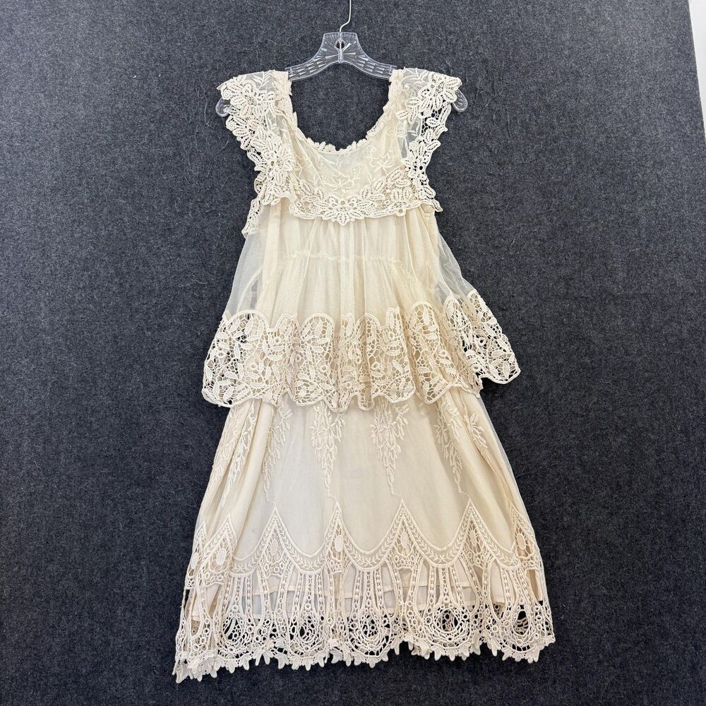 Ryu Anthropologie Dress Women's Medium Beige Lace Crochet Flutter Boho Cottage - Picture 7 of 10
